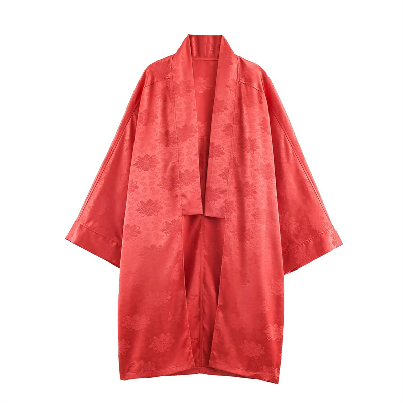 Embroidery Origin - Kimono Satin Jacquard Bunga Merah Wanita