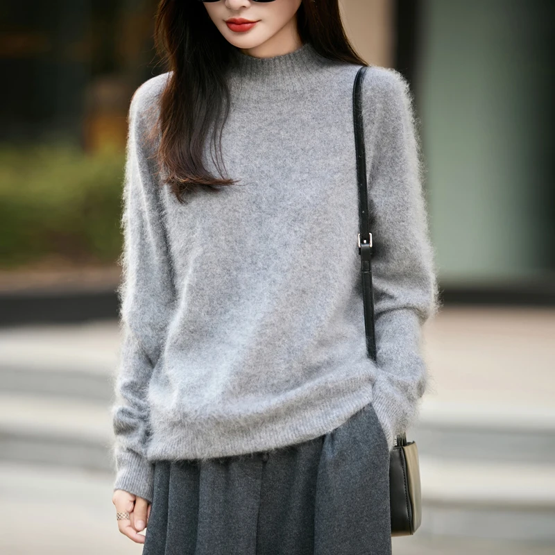 Embroidery Origin - Pullover Wanita 100% Wol Berbulu Tebal,