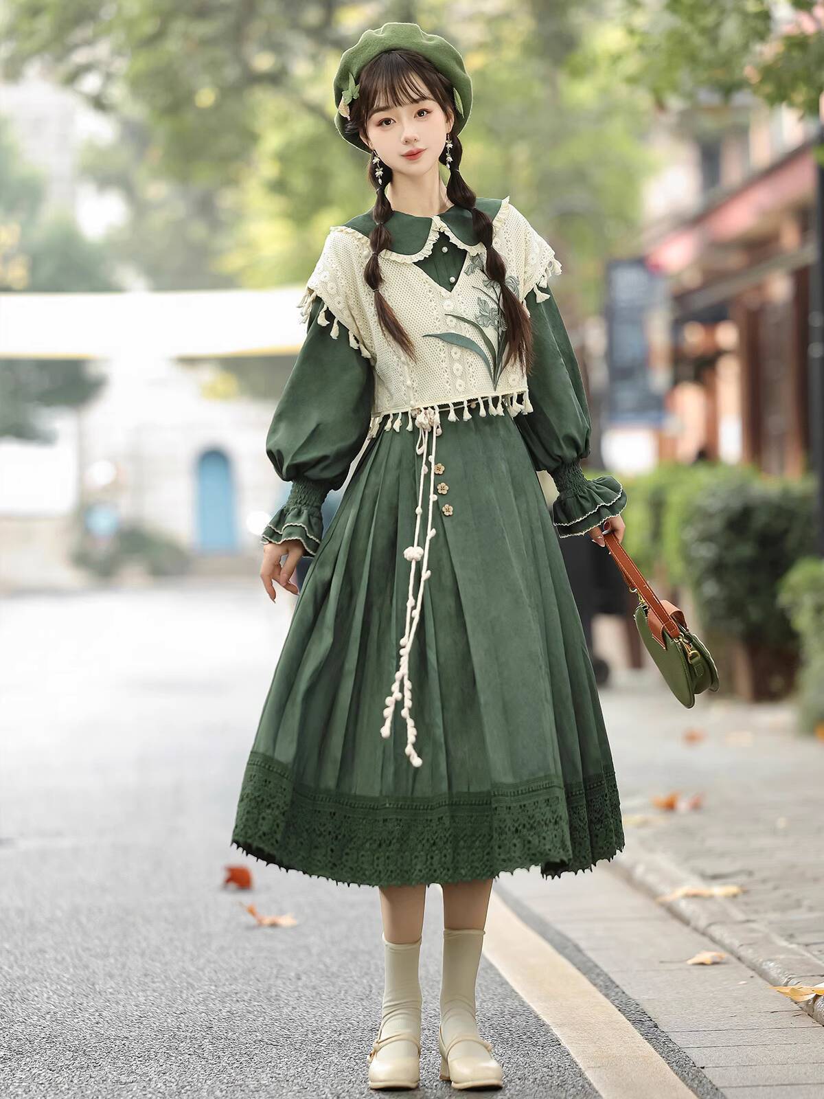 Embroidery Dress - Set Gaun Lolita Hijau Vintage Gaya