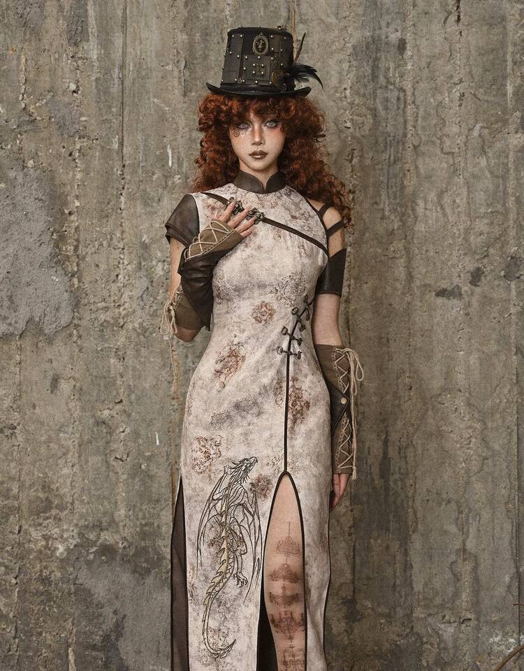 Embroidery Dress - Gaun Cheongsam Bordir Naga Tie-Dye Steampunk