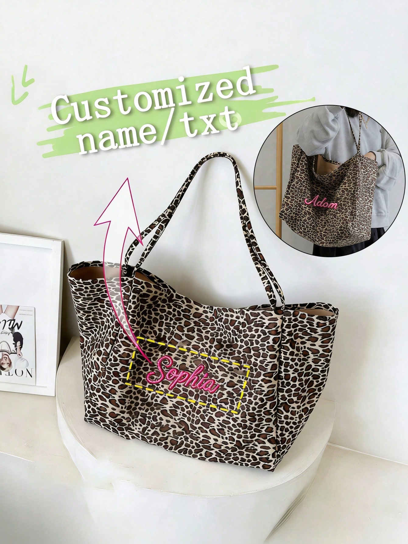 Embroidery Name - Tas Tote Motif Macan Tutul Nama