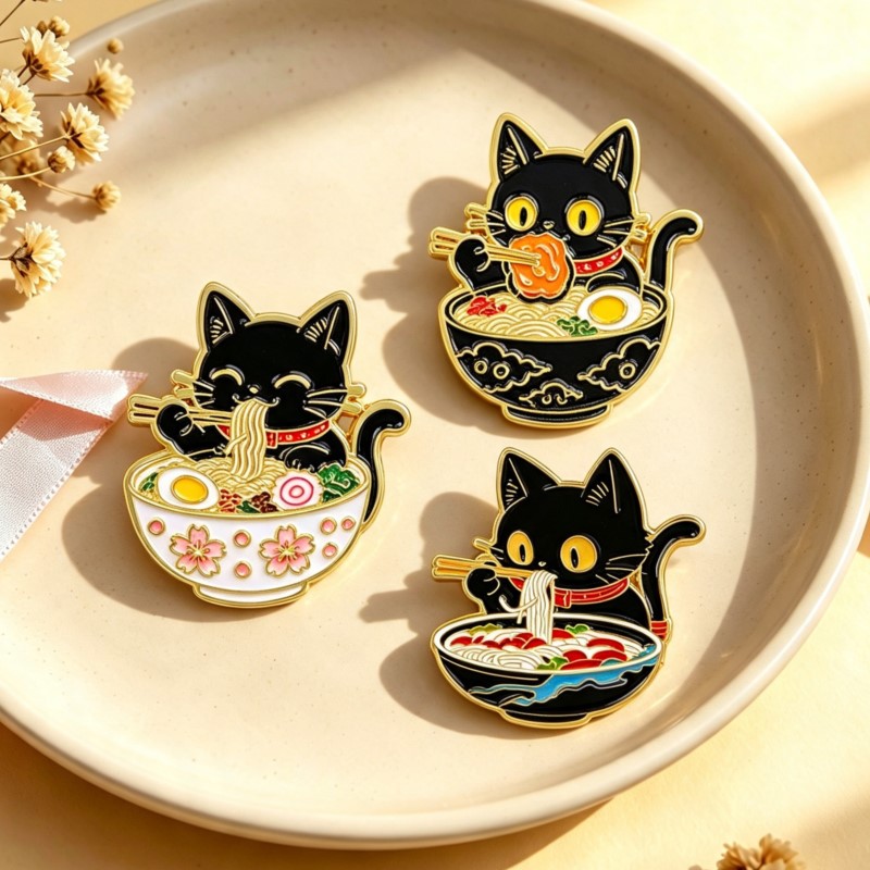 Embroidery Simple - Pin Enamel Kucing Hitam Lucu Sedang