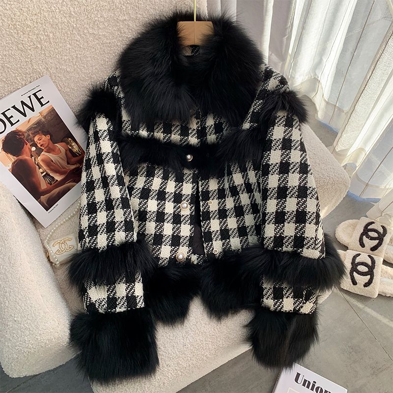 Embroidery Quilting - Jaket Bomber wol kotak-kotak wanita, jaket