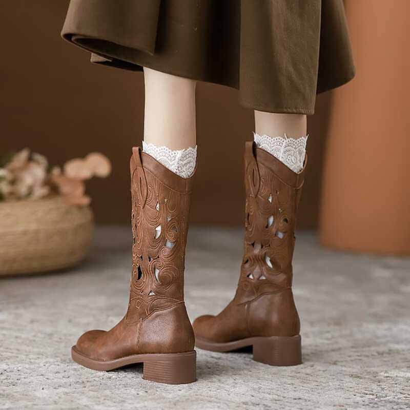 Sepatu Bot Koboi Cokelat Retro - Embroidery On Leather ulasan dan harga