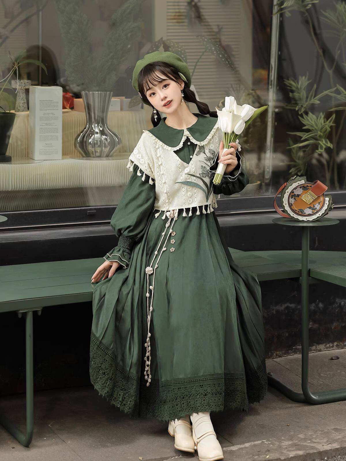 Set Gaun Lolita Hijau Vintage  - Embroidery Dress ulasan dan harga